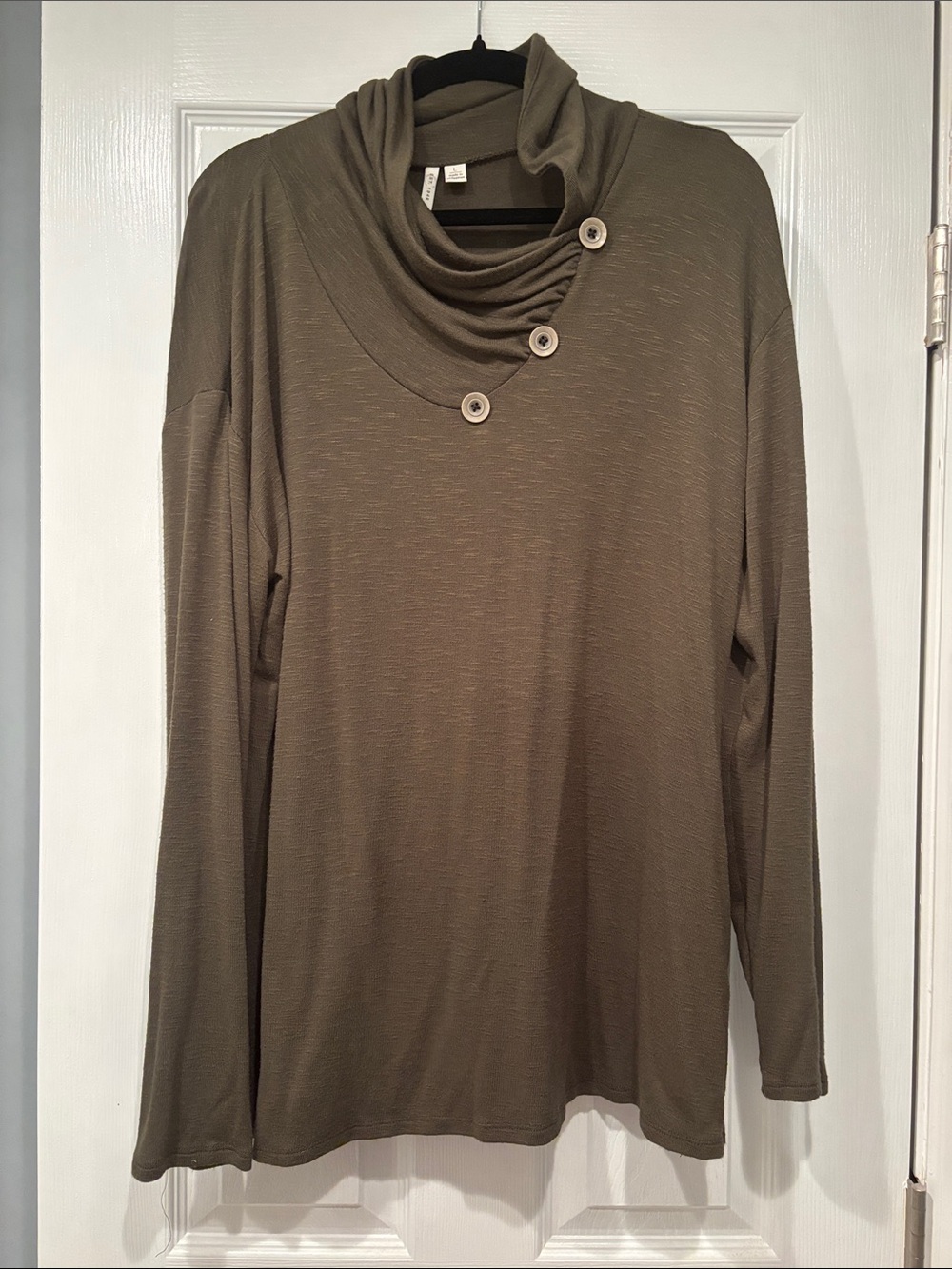 Cato Olive Green Cowl Neck Long-Sleeve Top with Button Detail